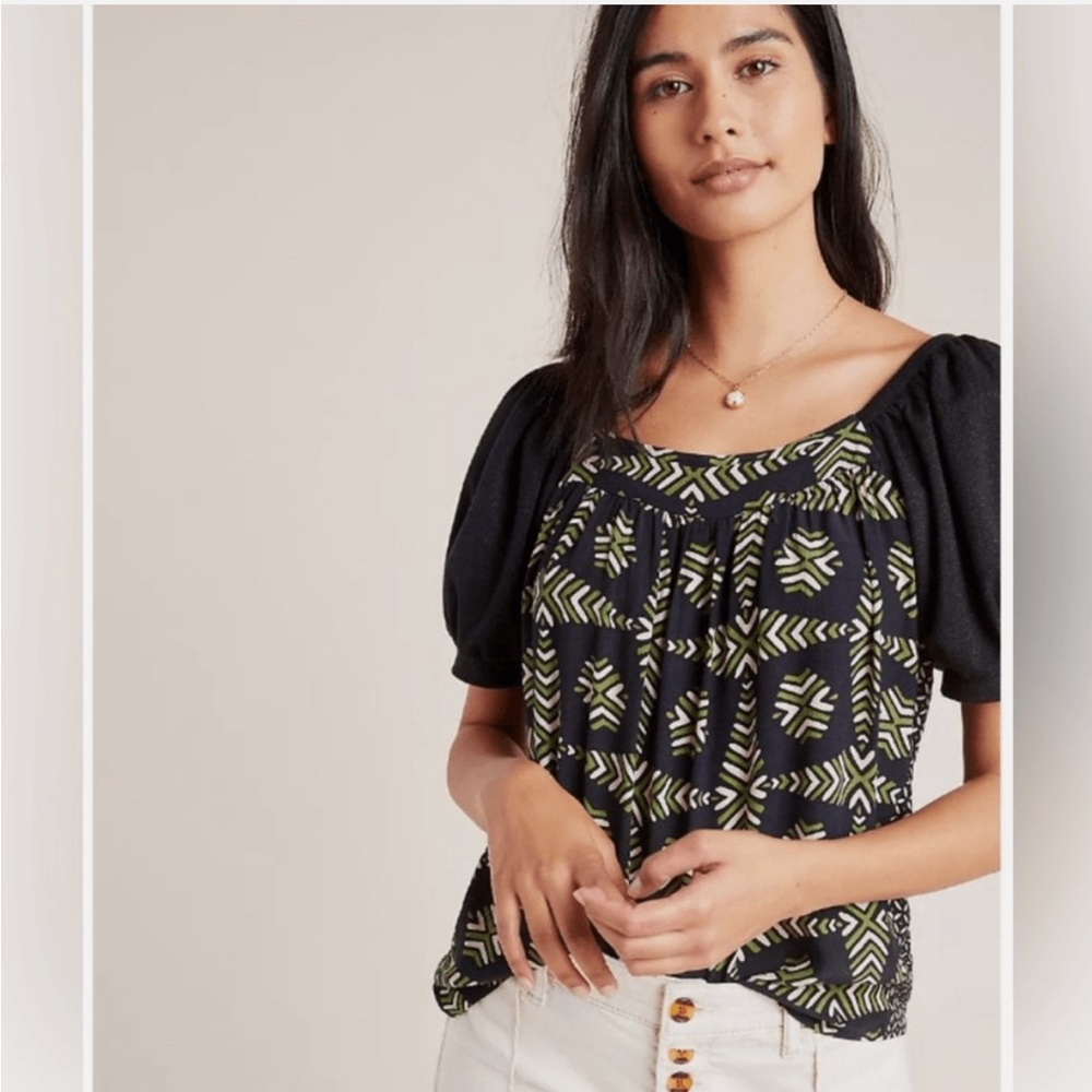 ANTHRO Maeve Catania Puff Sleeve Geometric Shift Top size S